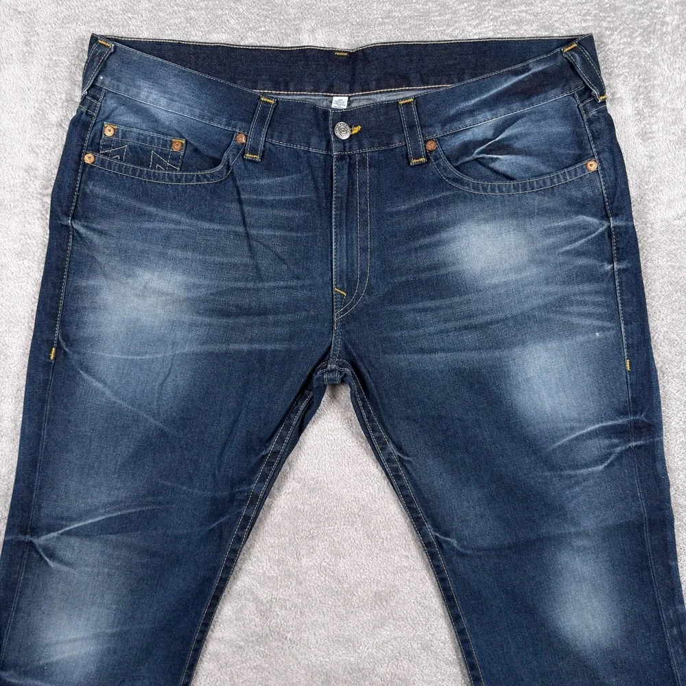 True Religion Jeans Mens 44x34 Straight Allover Earthworm Gold Cursed Blue Denim